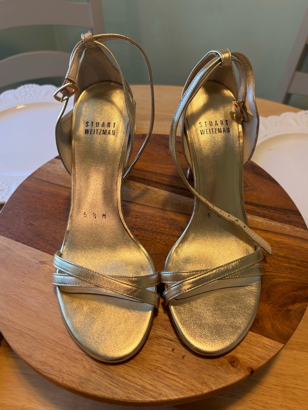 Stuart Weitzman Metallic Gold Strappy Ankle‑Wrap Heels
